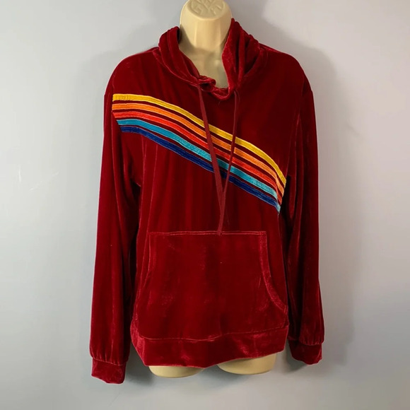 Velvet burgundy wine diagonal rainbow stripe hoodie womens large kids 11-13 - Picture 1 of 7